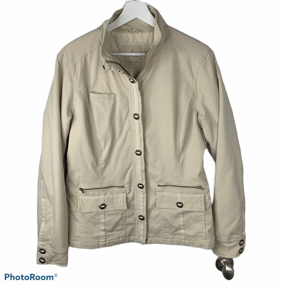 Prana Size L Jacket Soft Shell Full Zip Lined Button Front Beige Women's Pockets